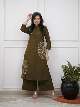 Gahan - Womens Cotton Blend A-Line Embroidered Kurta with Palazzo - Olive