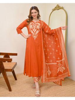 Gahan - Womens Viscose Straight Printed Kurta with Pant & Dupatta - Orange