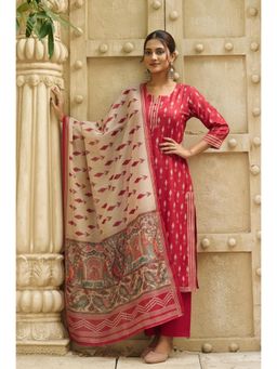 Gahan - Womens Viscose Straight Printed Kurta with Pant & Dupatta - Red