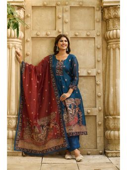 Gahan - Womens Viscose A-Line Printed Kurta with Pant & Dupatta - Teal