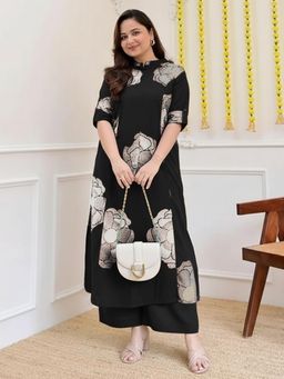 Gahan - Womens Viscose Blend Straight Printed Kurta with Palazzo - Black