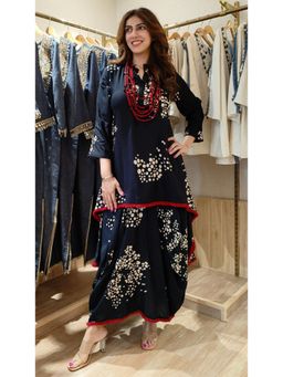 Gahan - Womens Viscose Blend Top Tail A-Line Printed Co-Ord Set - Navy Blue