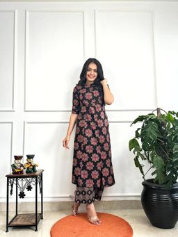 Gahan - Womens Viscose Blend A-Line Printed Kurta with Palazzo - Black