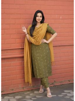 Gahan - Womens Viscose Straight Printed Kurta with Pant & Dupatta - Olive