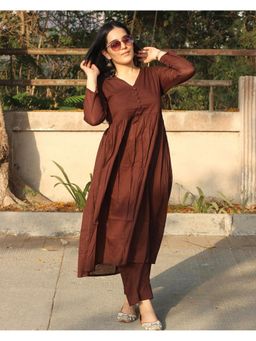 Gahan - Womens Viscose A-Line Solid Anarkali Kurta with Pant - Brown