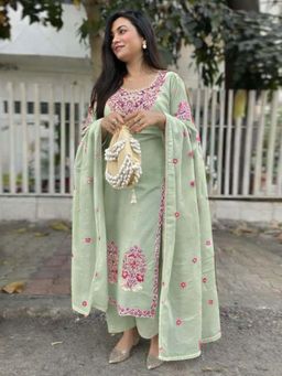 Gahan - Womens Viscose Straight Embroidered Kurta with Pant & Dupatta - Green