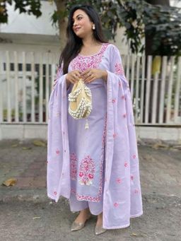 Gahan - Womens Viscose Straight Embroidered Kurta with Pant & Dupatta - Lavender