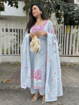 Gahan - Womens Viscose Straight Embroidered Kurta with Pant & Dupatta - Blue
