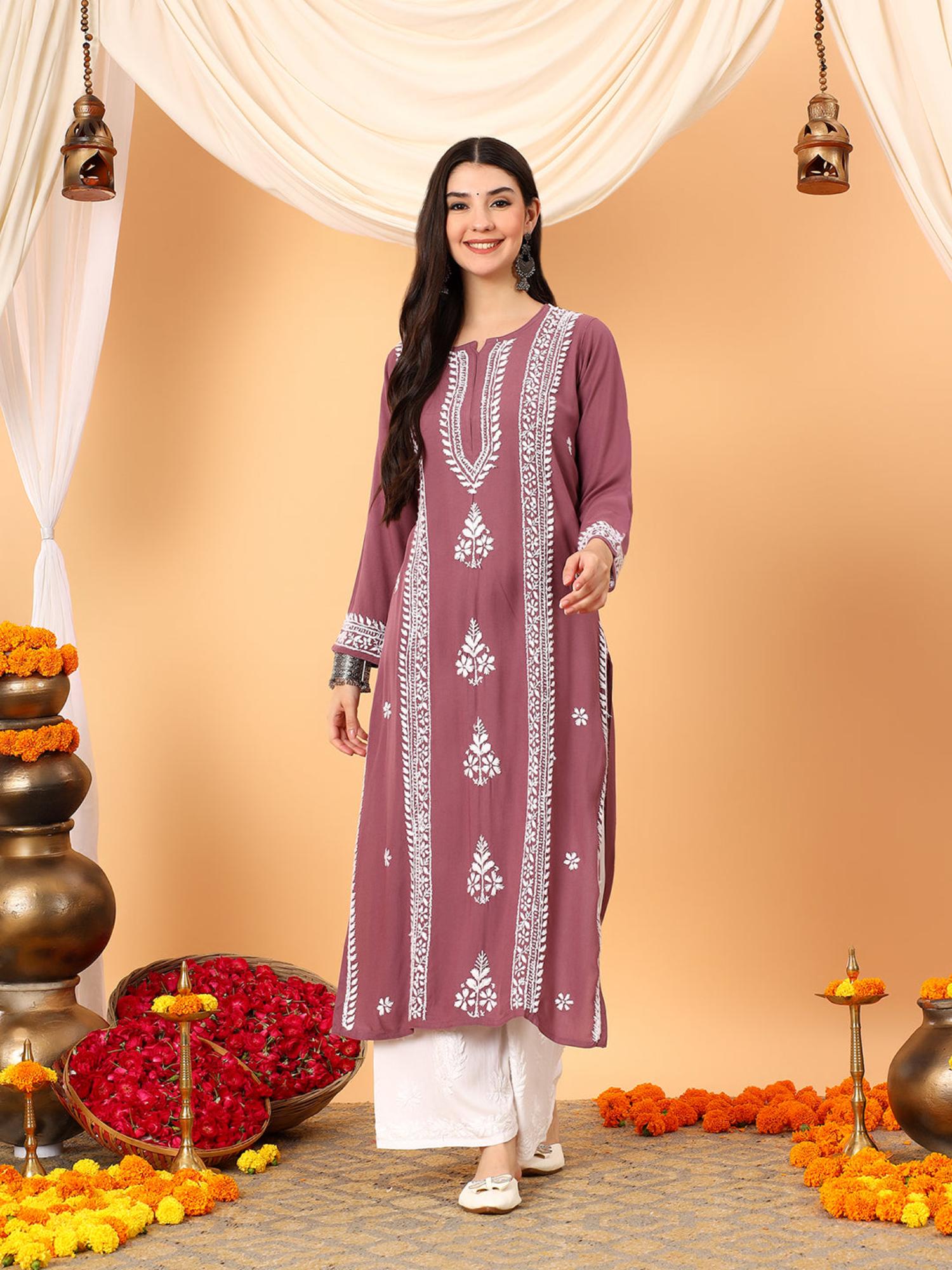 gahan Womens Viscose Straight Embroidered Only Kurta - Mauve-picture-11
