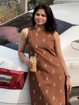 Gahan - Womens Viscose Printed A-Line Kurta with Pant - Brown