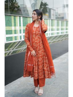 Gahan - Womens Viscose Anarkali Printed Anarkali Kurta with Pant & Dupatta - Orange