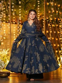 Gahan - Womens Viscose Blend Umbrella Style Printed Anarkali Kurta Palazzo with Dupatta - Blue