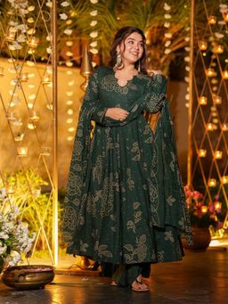 Gahan - Womens Viscose Blend Umbrella Style Printed Anarkali Kurta Palazzo with Dupatta - Green