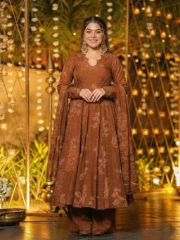 Gahan - Womens Viscose Blend Umbrella Style Printed Anarkali Kurta Palazzo with Dupatta - Rust