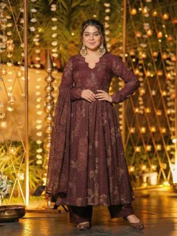 Gahan - Womens Viscose Blend Umbrella Style Printed Anarkali Kurta Palazzo with Dupatta - Wine