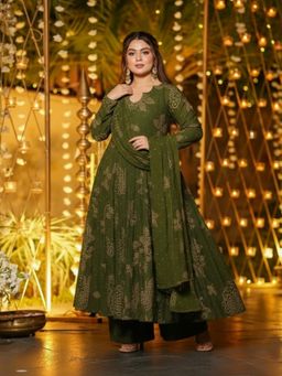 Gahan - Womens Rayon Viscose Anarkali Printed Kurta with Palazzo & Dupatta - Olive