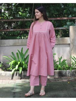 Gahan - Womens Vertical Solid A-Line Kurta with Pant - Pink