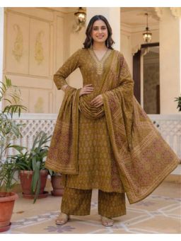 Gahan - Womens Viscose Blend A-Line Printed Kurta with Palazzo & Dupatta - Olive