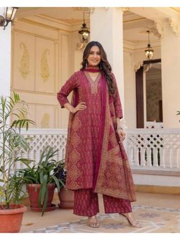 Gahan - Womens Viscose Blend A-Line Printed Kurta with Palazzo & Dupatta - Pink