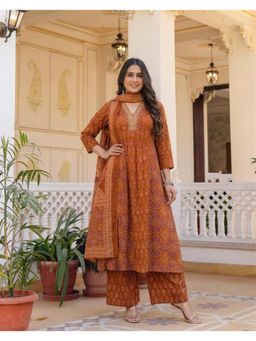 Gahan - Womens Viscose Blend A-Line Printed Kurta with Palazzo & Dupatta - Rust
