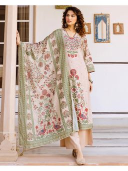 Gahan - Womens Erod Rayon Straight Printed Kurta with Palazzo & Dupatta - Cream
