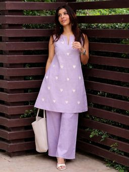 Gahan - Womens Cotton Blend Straight Embroidery Co-Ord Set - Lavender