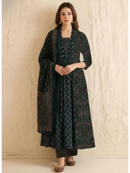 Gahan - Womens Viscose Blend A-Line Printed Anarkali Kurta with Pant & Dupatta - Navy Blue