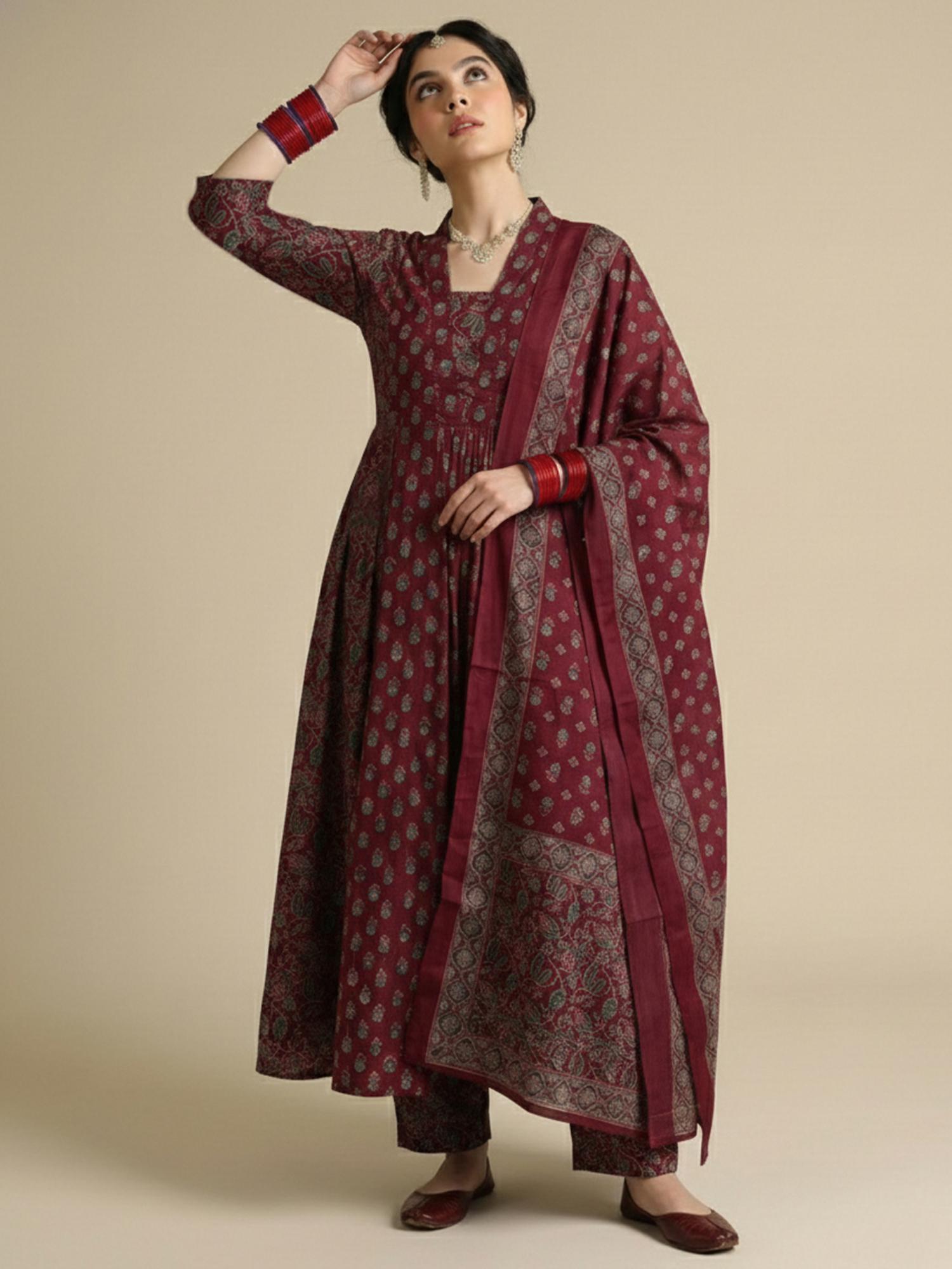 gahan Womens Viscose Blend A-Line Printed Anarkali Kurta with Pant & Dupatta - Navy Blue-picture-36