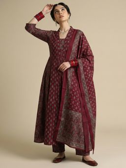 Gahan - Womens Viscose Blend A-Line Printed Anarkali Kurta with Pant & Dupatta - Navy Blue