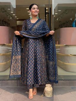 Gahan - Womens Viscose Blend A-Line Printed Anarkali Kurta with Pant & Dupatta - Blue