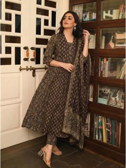 Gahan - Womens Viscose Blend A-Line Printed Anarkali Kurta with Pant & Dupatta - Brown