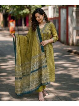 Gahan - Womens Viscose Blend A-Line Printed Anarkali Kurta with Pant & Dupatta - Green