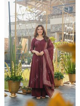 Gahan - Womens Viscose Blend Umbrella Style Printed Anarkali Kurta Palazzo with Dupatta - Wine