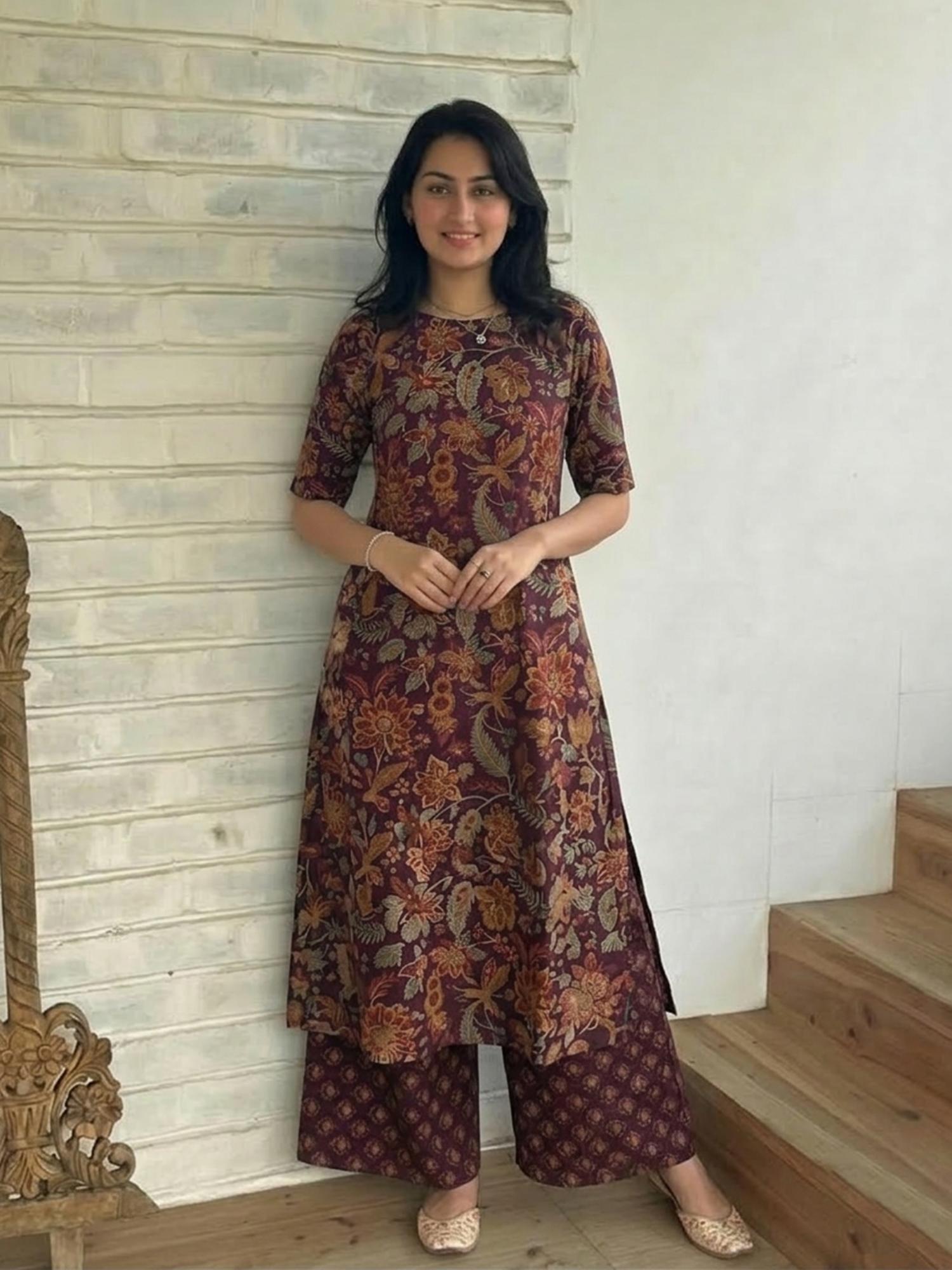 gahan Womens Rayon Viscose Straight Printed Kurta with Palazzo - Maroon-picture-26