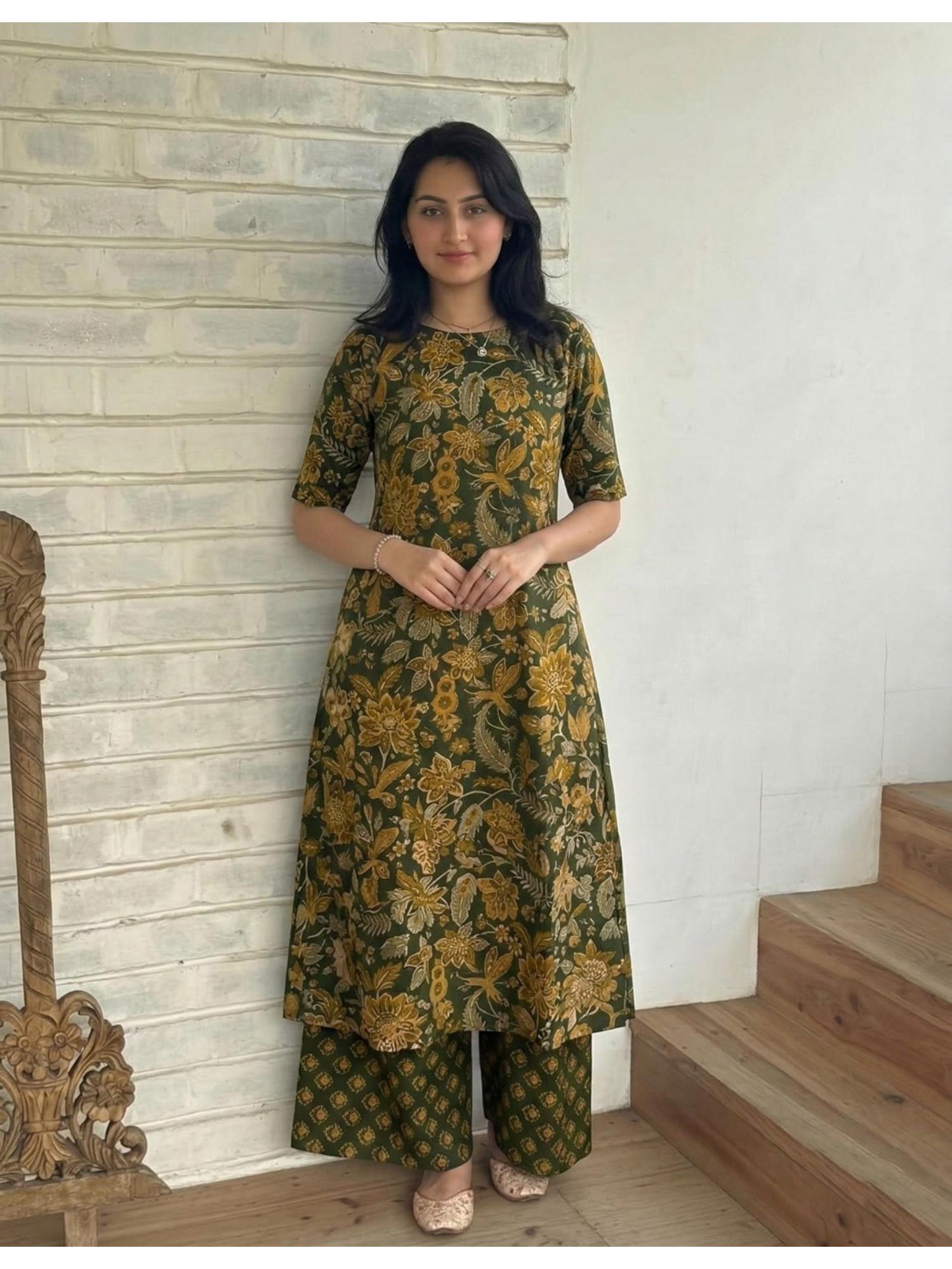 Womens Rayon Viscose Straight Printed Kurta with Palazzo - Olive-image-3