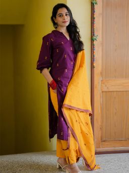 Gahan - Womens Viscose Foal Work Straight Kurta with Pant & Dupatta - Purple