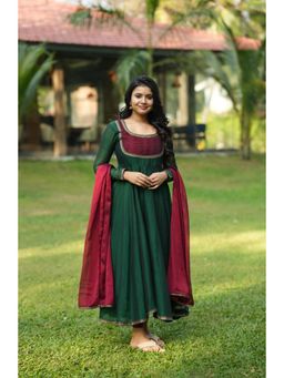 Gahan - Womens Viscose Blend A-Line Solid Anarkali Kurta with Pant & Dupatta - Green