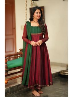 Gahan - Womens Viscose Blend A-Line Solid Anarkali Kurta with Pant & Dupatta - Red