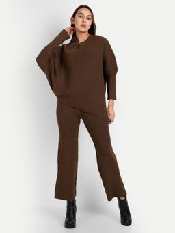 IKI CHIC - Brown Oversized Bat Sleeve Pullover with Wide Leg Knitted Trousers (Set of 2)