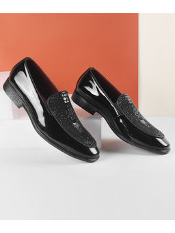 Metro - Men Black Leather Textured Slip-Ons Loafers