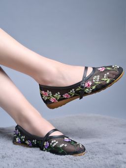 Shoetopia - Women Black Embroidered Mesh Mary Jane Ballerinas