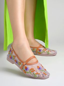 Shoetopia - Women Blue Embroidered Mesh Mary Jane Ballerinas