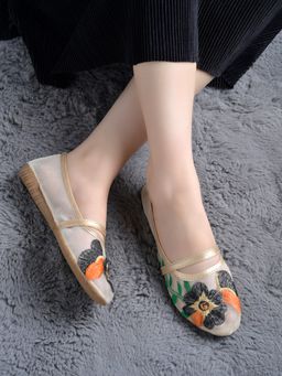 Shoetopia - Women Multi-Color Pansy Embroidered Mesh Mary Jane Ballerinas