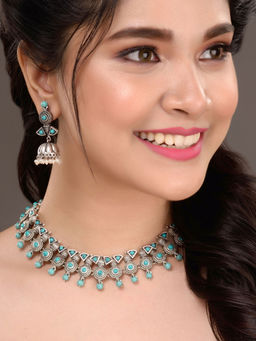 Saraf RS Jewellery - Oxidised Silver Toned Aqua Turquoise Choker Jewellery (Set of 2)