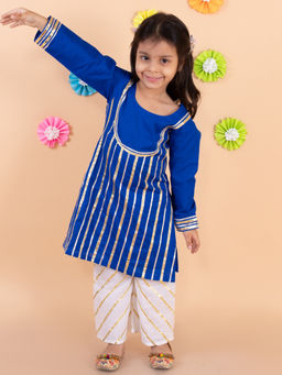 Tiny Pants - Royal Blue Gota Detailed A-line Kurta With White Pant (Set of 2)
