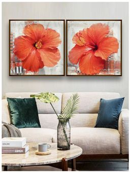 The Art House - Grey and Orange Floral Wall Art Set of 2