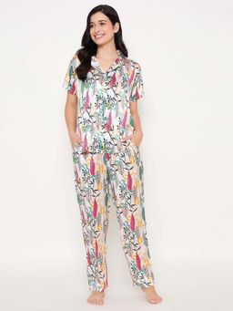 Clovia - Satin Printed Shirt And Pyjama White (Set of 2)
