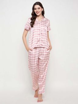 Clovia - Satin Printed Shirt And Pyjama Pink (Set of 2)