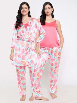 Clovia - Satin Printed Robe With Cami And Pyjama Multi-Color (Set of 3)