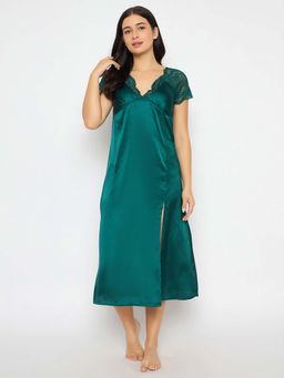 Clovia - Satin Solid Padded Long Night Dress Green